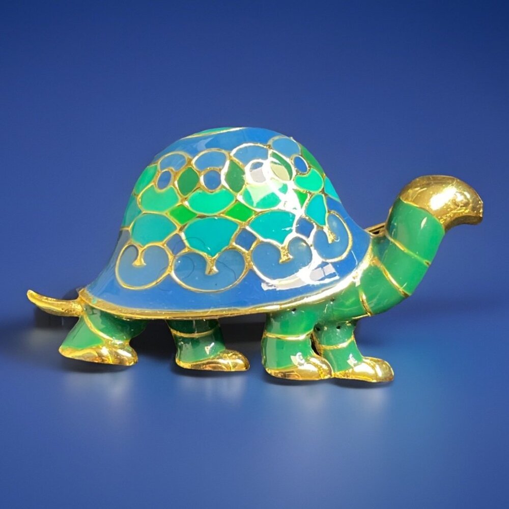 Vintage Gold-tone Green Blue Enamel Turtle Brooch Pendant Pin